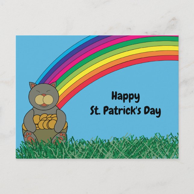 Carte Postale Happy Jour de la Saint Patrick Chat Rainbow Pot d' (Devant)