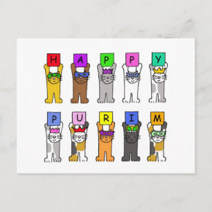 Carte Postale Happy Purim Cartoon Chats en Masques et Casquette
