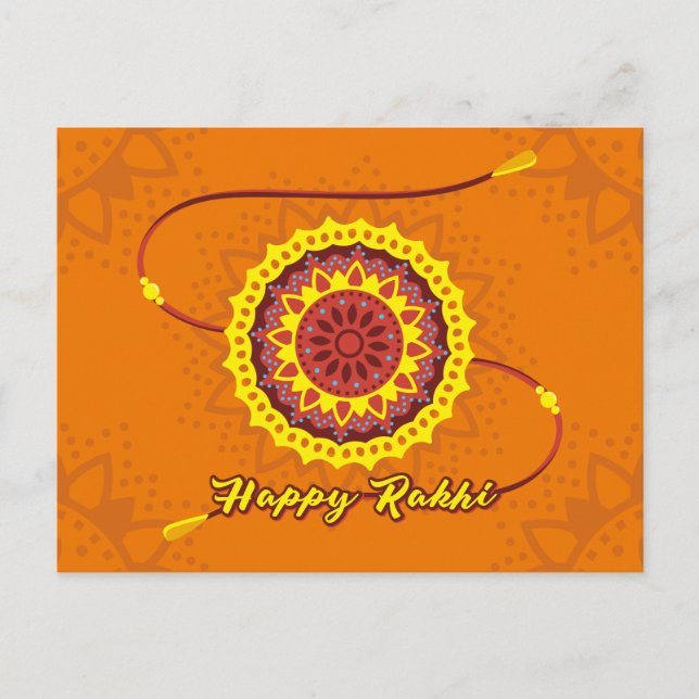 Carte Postale Happy Raksha Bandhan, orange, bracelet jaune (Devant)