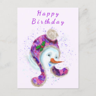 Carte Postale Happy Snowman Dans Purple Rose Beanie Hiver Casque