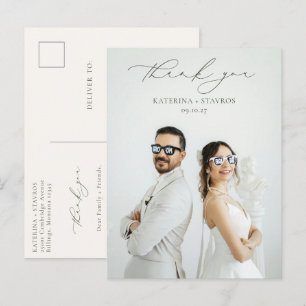 Carte Postale HARMONIE vert olive Script Mariage Photo Merci
