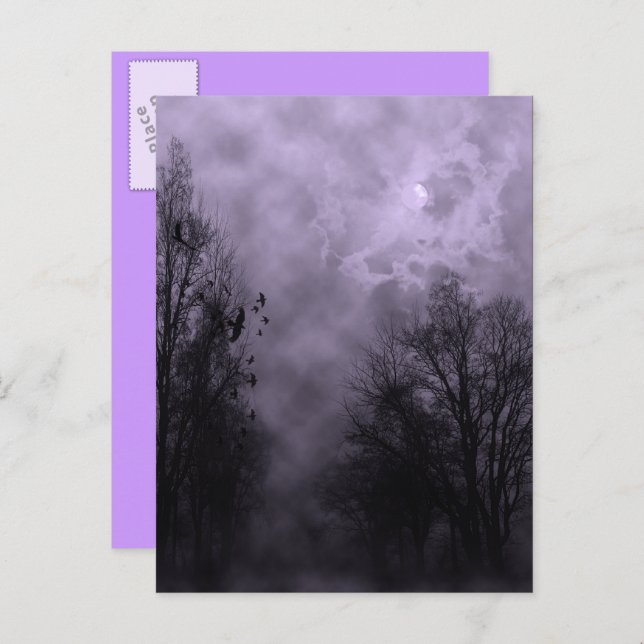 Carte Postale Haunted Halloween Violet Mist Sky avec Ravens (Devant / Derrière)