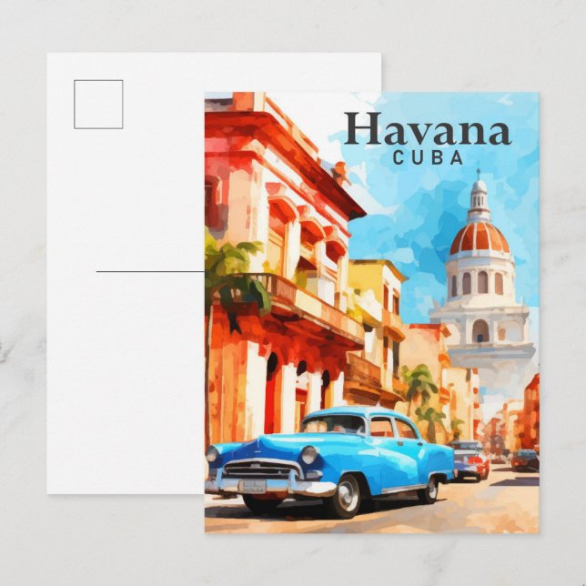 Carte Postale Havana Cuba Aquarelle Peinture Voyage (Devant / Derrière)