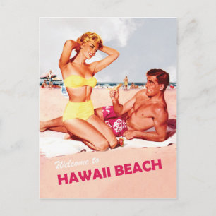 Carte Postale Hawaii, couple de surf heureux, voyage vintage