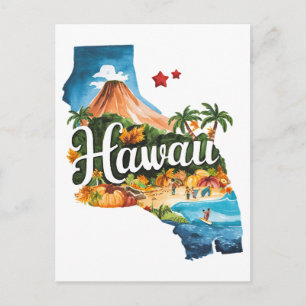 Carte Postale Hawaii États-Unis État Forme Vintage Aquarelle