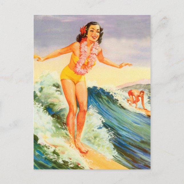 Carte Postale Hawaii, fille de surfer hawaïenne sur une grande v (Devant)