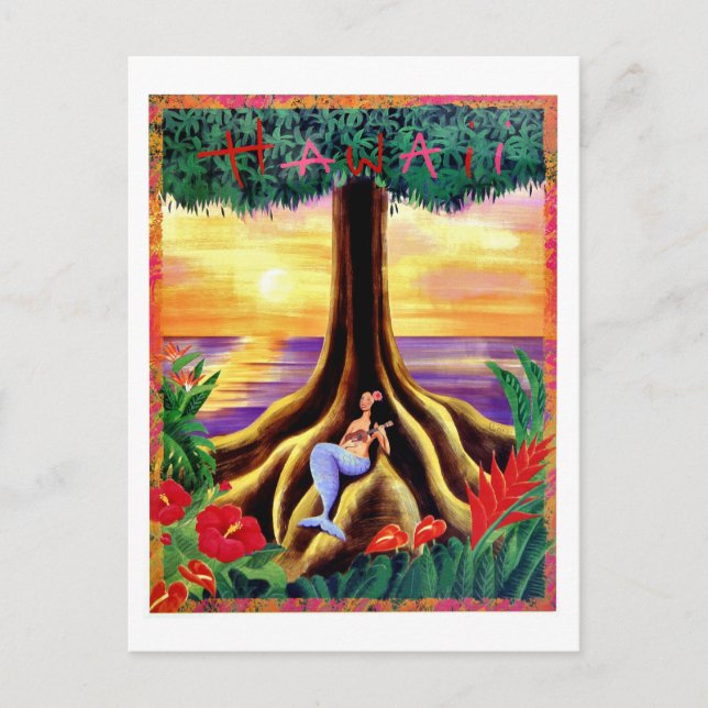 Carte Postale Hawaii, île tropicale, sirène sous un grand arbre (Devant)
