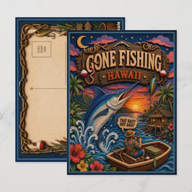 Carte Postale Hawaii Parti à la Pêche Espadon Bleu (Devant / Derrière)