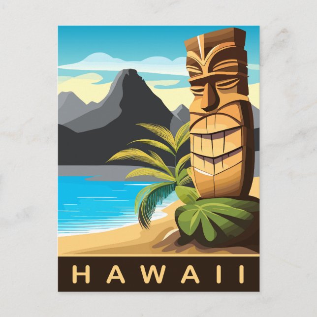 Carte Postale Hawaii, Statue Tiki sur la plage, Voyage (Devant)