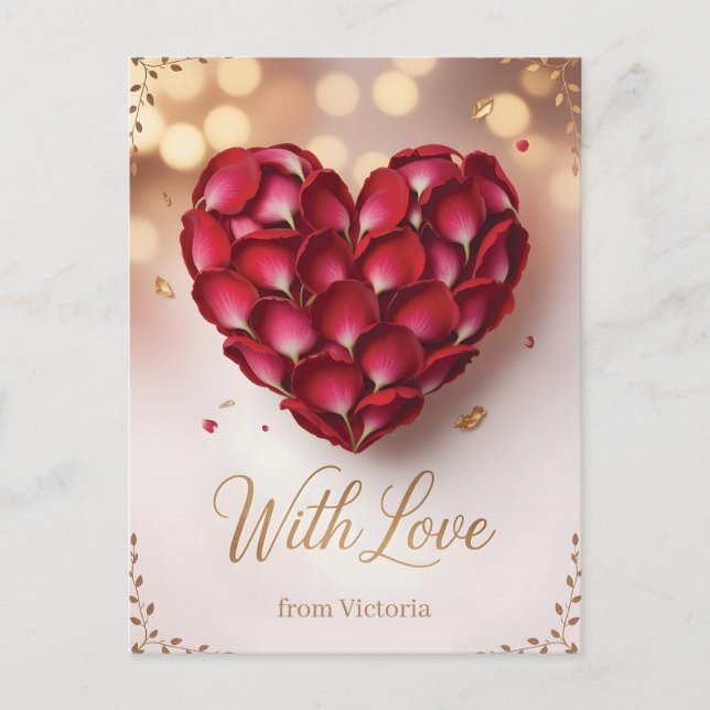 Carte Postale Heart Made of Deep Red Rose Petals and Gold Script (Devant)