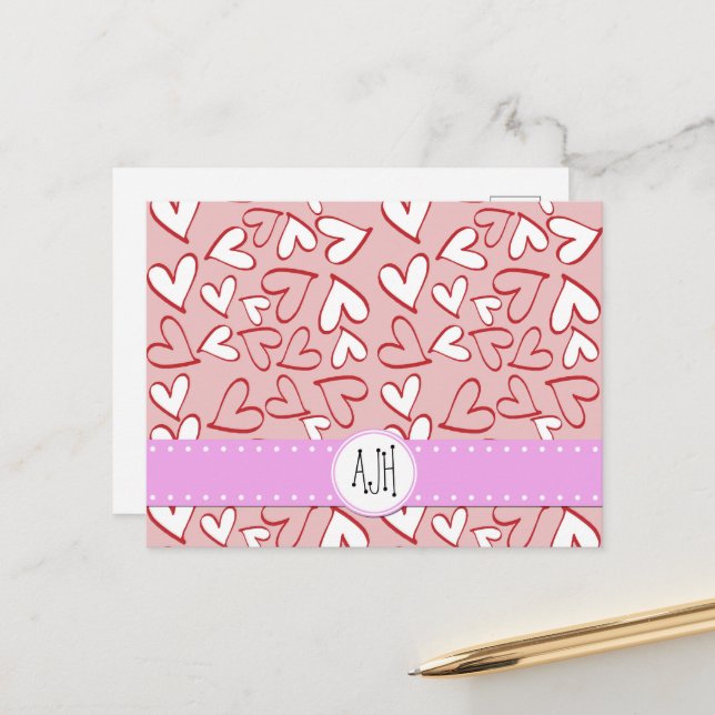 Carte Postale Heart Pattern, Red Hearts, Pink Hearts, Monogram (Devant/Arrière en situation)