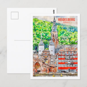 Carte Postale Heidelberg Allemagne Fameux Voyage Aquarelle croqu