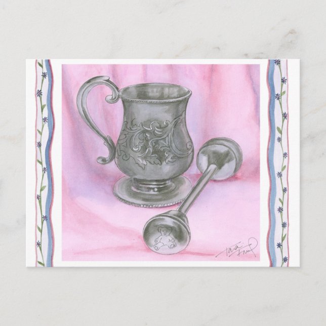 Carte Postale Heirloom Cup & Rattle sur Arrière - plan pourpre (Devant)