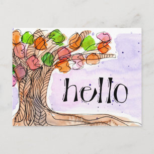 Carte Postale Hello & Merci - Fun Leafy Tree Watercolor