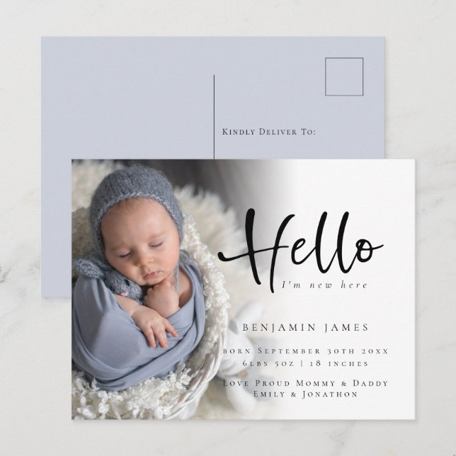 Carte Postale Hello New Baby Photo Faire-part de naissance bleu (Devant / Derrière)
