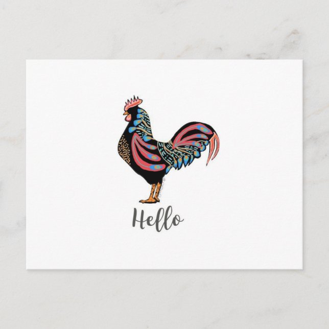 Carte postale "Hello" Rooster Chicken Folk Travel  (Devant)