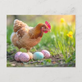 Carte Postale Hen Next to Easter Nest with Colorful Eggs