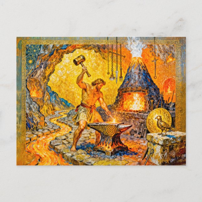Carte Postale Hephaestus in Forge with Hammer, Anvil, Volcano Fu (Devant)