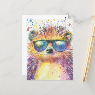 Carte Postale Hérisson adorable dans lunettes de soleil Aquarell