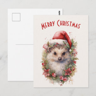 Carte Postale Hérisson dans un chapeau de Noël Rouge Poinsettia 
