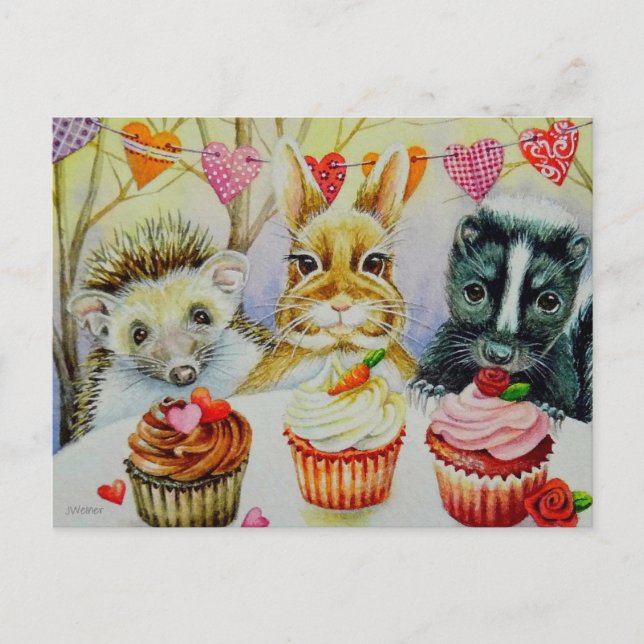 Carte Postale Hérisson Lapin Mouffette & Gâteaux Art à l'aquarel (Devant)