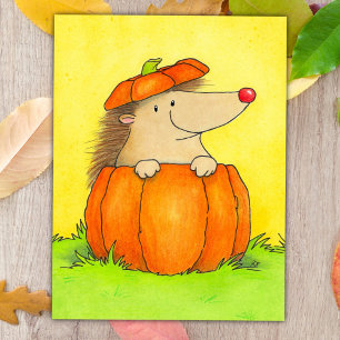 Carte Postale Hérisson Mignon dans Citrouille d'Automne