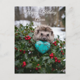 Carte Postale Hérisson mignon de décembre avec cœur turquoise