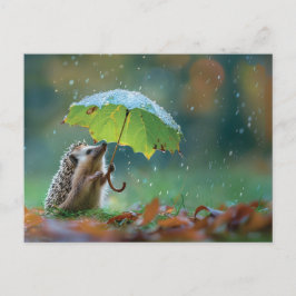 Carte Postale Hérisson mignon tenant un parapluie de feuilles