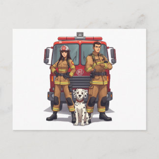 Carte Postale Heroic Firefighter Duo and Dalmatian Postcard
