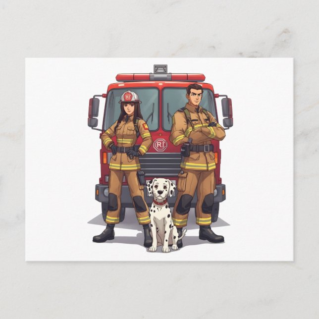 Carte Postale Heroic Firefighter Duo and Dalmatian Postcard (Devant)