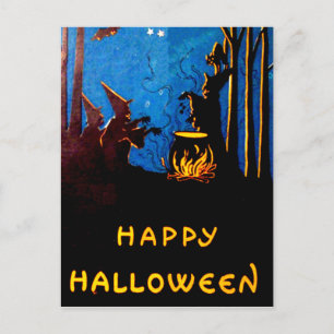 Carte Postale Heure du Sabbat Chat Noir Chauve-Souris Chaudron