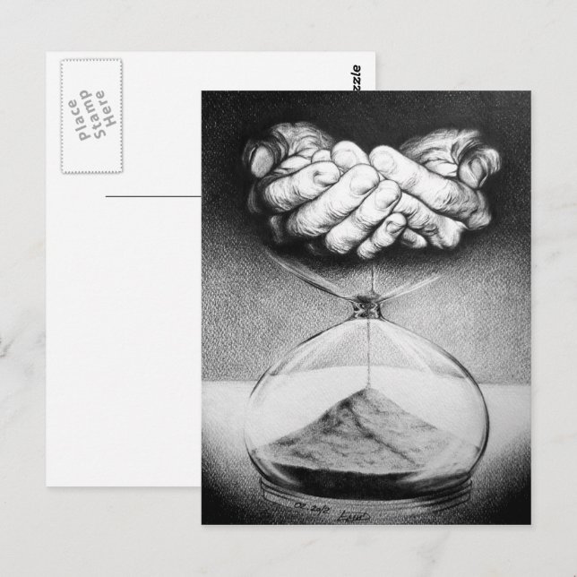 Carte Postale Heure sablier mains Crayon dessin Surreal art (Devant / Derrière)