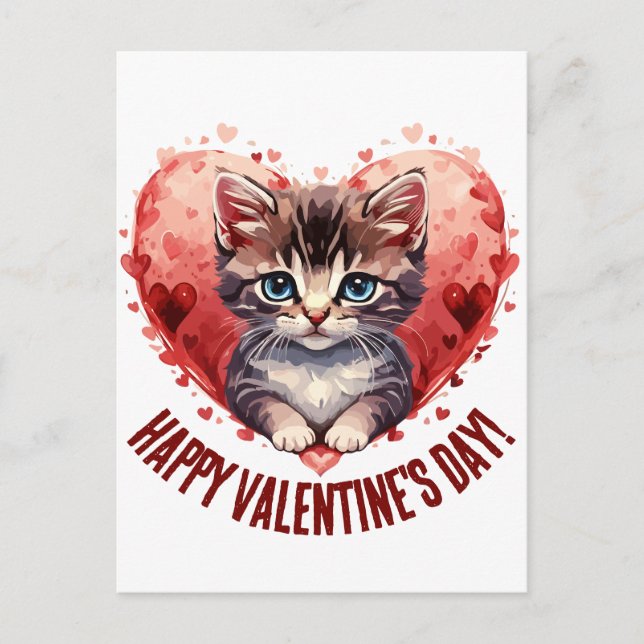 Carte Postale Heureuse Sainte-Valentin Little Kitten avec coeur (Devant)