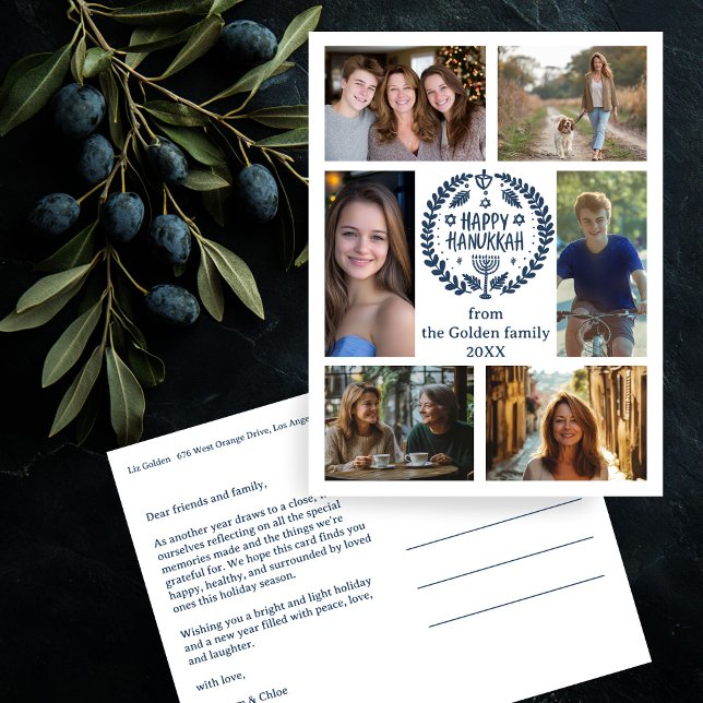 Carte Postale HEUREUX HANOUKKA CUSTOM-Drawn 6 PHOTO Holiday (HAPPY HANUKKAH Hand-Drawn CUSTOM 6 PHOTO Holiday Postcard
)