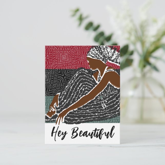 Carte Postale Hey Belle Femme Noire avec un Foulard de Tête Afri (Debout devant)