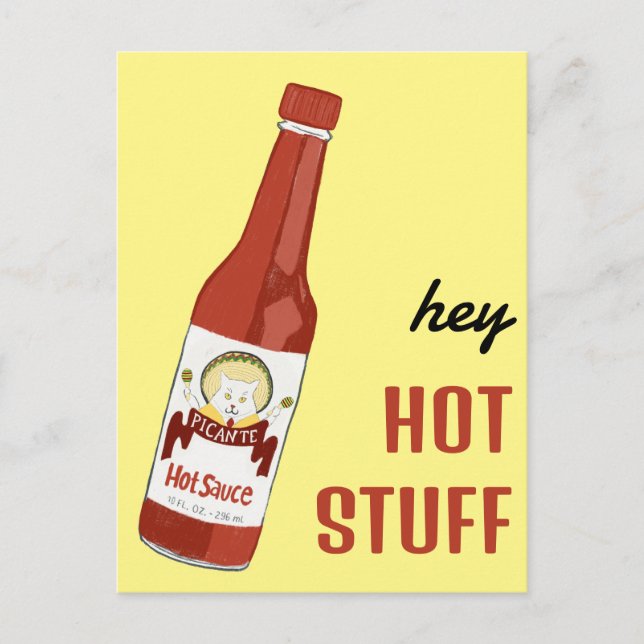Carte Postale HEY HOT STUFF Sauce piquante Chat Maracas Amour (Devant)