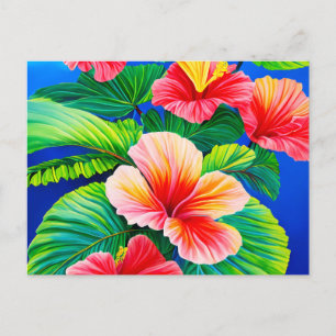 Carte Postale hibiscus hawaïen fleurs rouges tropicales et vert