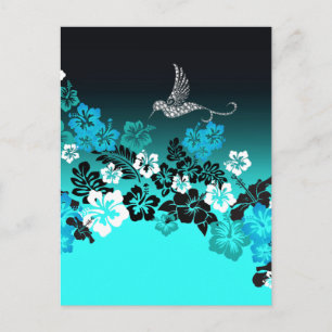 Carte Postale Hibiscus sur Turquoise avec Colibri