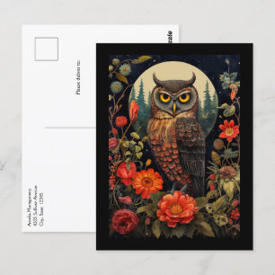 Carte Postale Hibou à la nuit avec Pleine lune
