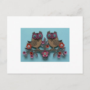 Carte Postale hibou brun aux fleurs