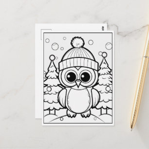 Carte Postale hibou festif enfant coloriage 