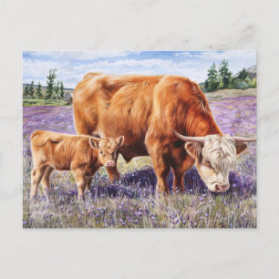 Carte Postale Highland Cow and Calf Purple Fleurs sauvages