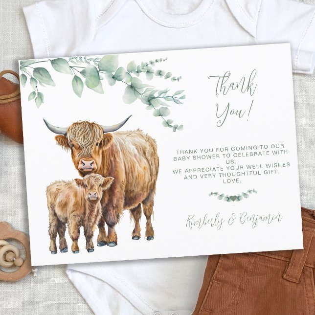 Carte Postale Highland Cow Green Baby shower agricole Merci (Créateur téléchargé)