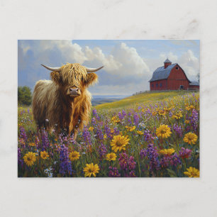 Carte Postale Highland Cow Purple Yellow Fleurs sauvages