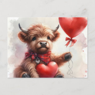 Carte Postale Highland Cow Valentine Heart Balloon