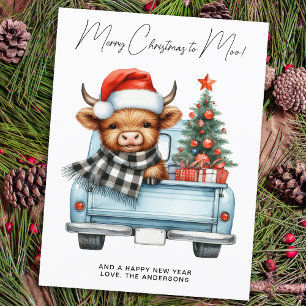 Carte Postale Highland Cow Vintage Blue Truck Joyeux Noël