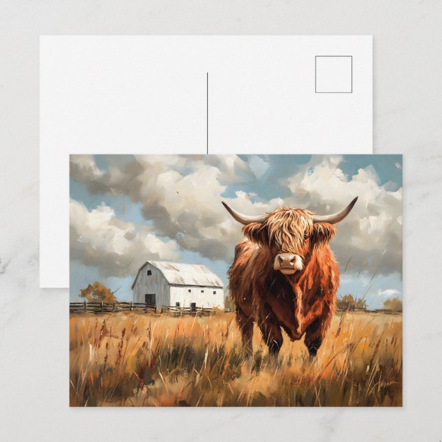 Carte Postale Highland Cow White Barne Rustique (Devant / Derrière)