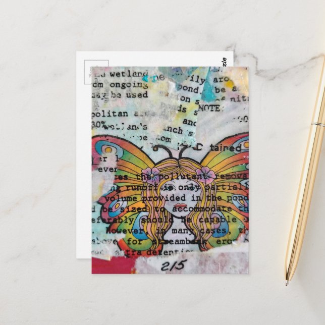 Carte Postale Hippie Butterfly Woman Mixed Media Collage (Devant/Arrière en situation)