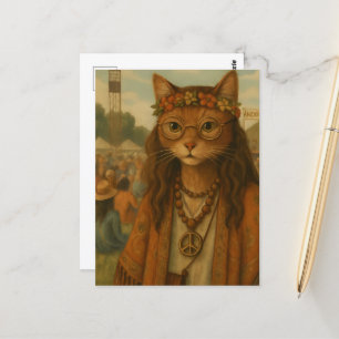 Carte Postale Hippie Cat à un festival de musique