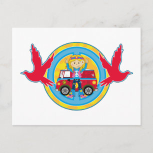 Carte Postale Hippie Girl avec Camper Van & Doves